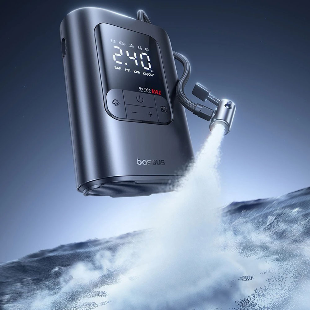 Компактный автомобильный насос Baseus Gotrip с цифровым манометром, LED-фонарем и емким аккумулятором