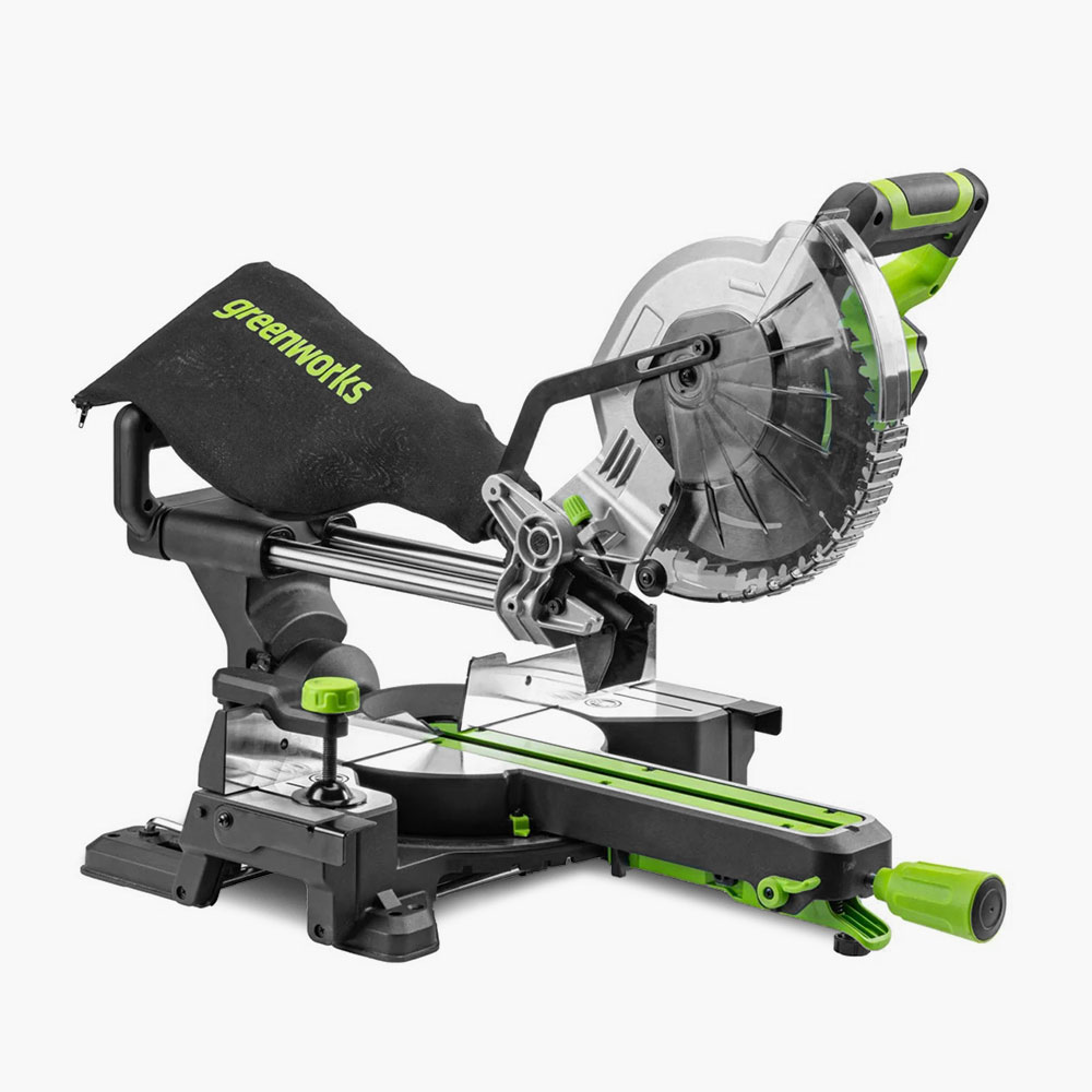 Аккумуляторная торцовочная пила Greenworks GD24MS216 с системой настройки среза SawControl и бесщеточным двигателем DigiPro