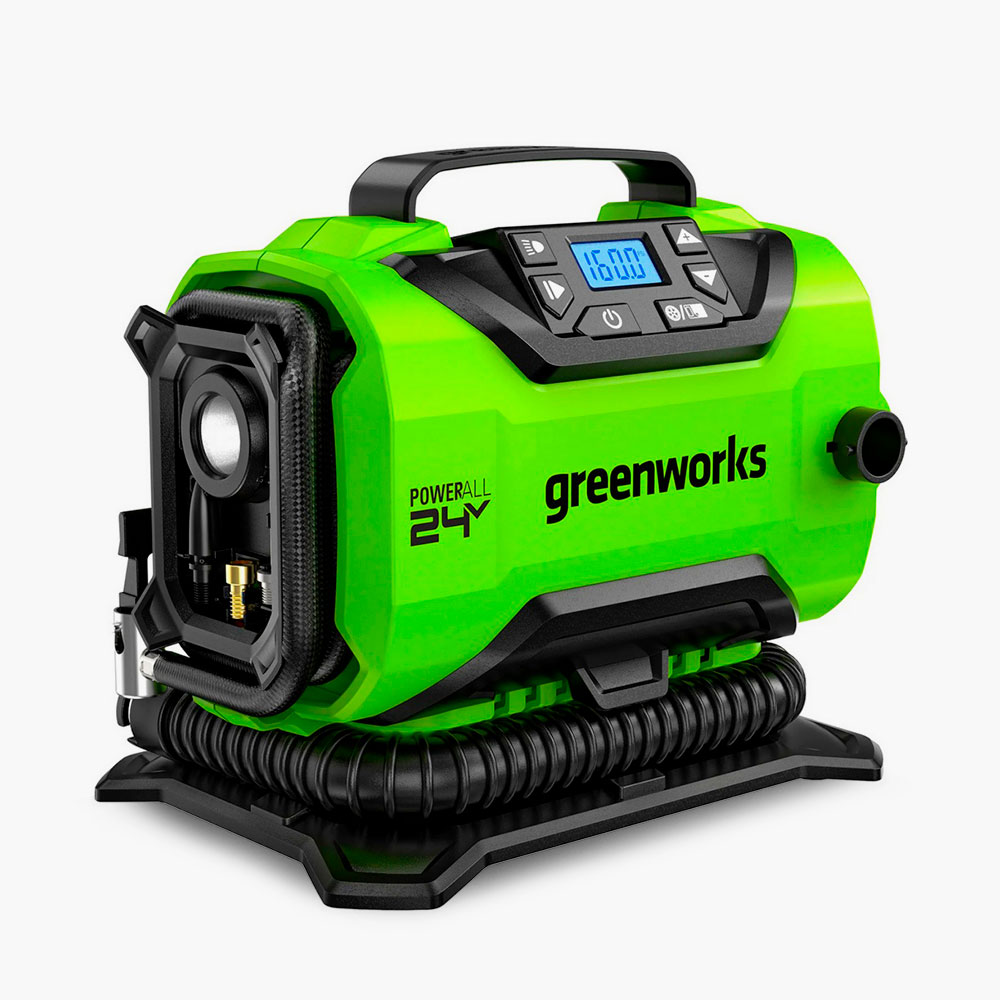 Автомобильный компрессор Greenworks ACG301 с цифровым контроллером давления, LED-фонарем и гибридной системой питания
