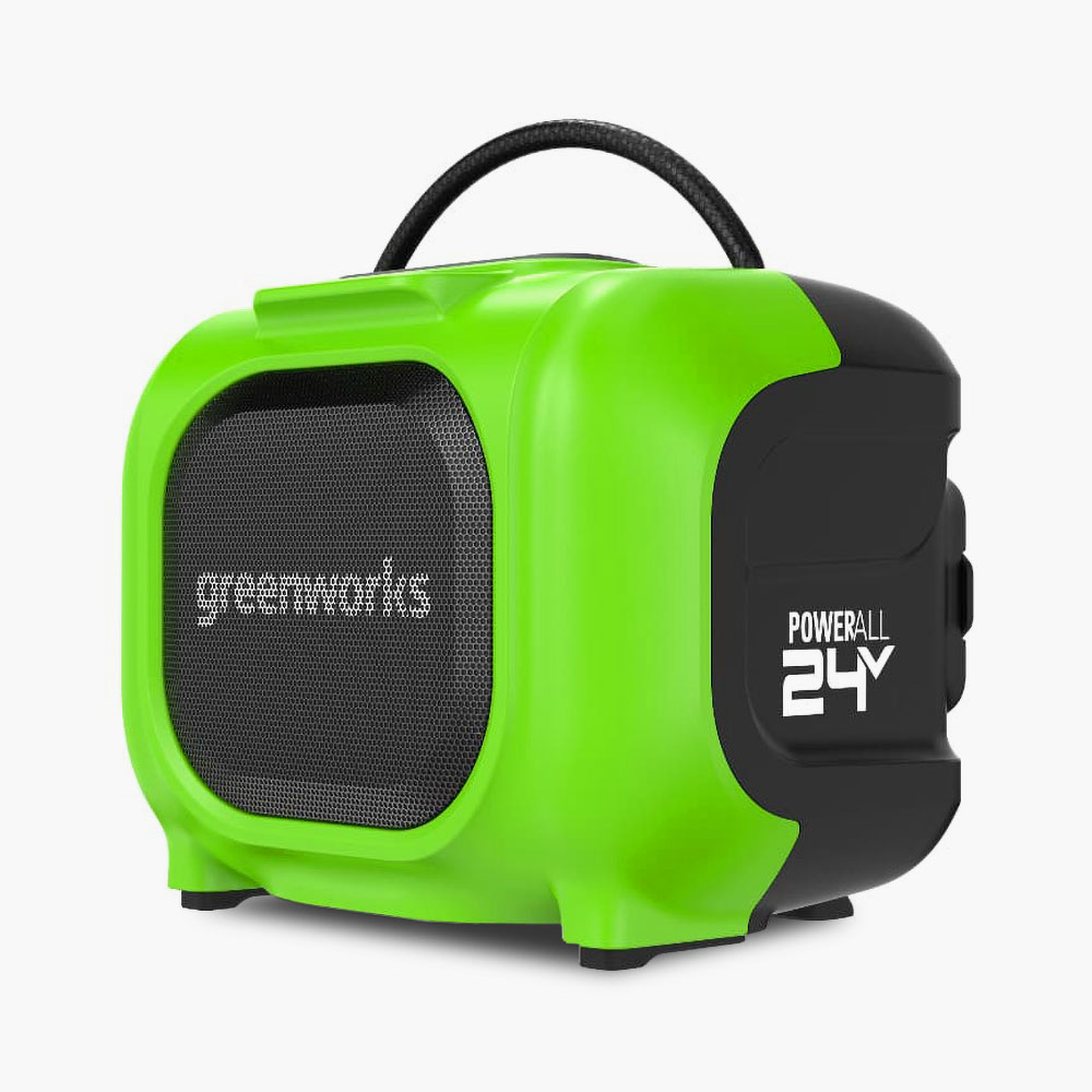 Акустическая TWS-система Greenworks 3503107 с подключением DuoConnect, пассивным сабвуфером и гибридной системой питания