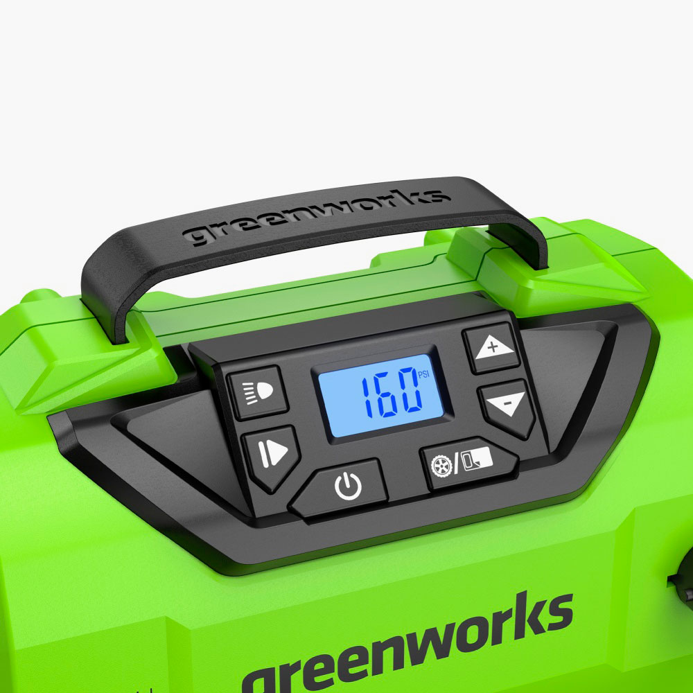 Автомобильный компрессор Greenworks ACG301 с цифровым контроллером давления, LED-фонарем и гибридной системой питания