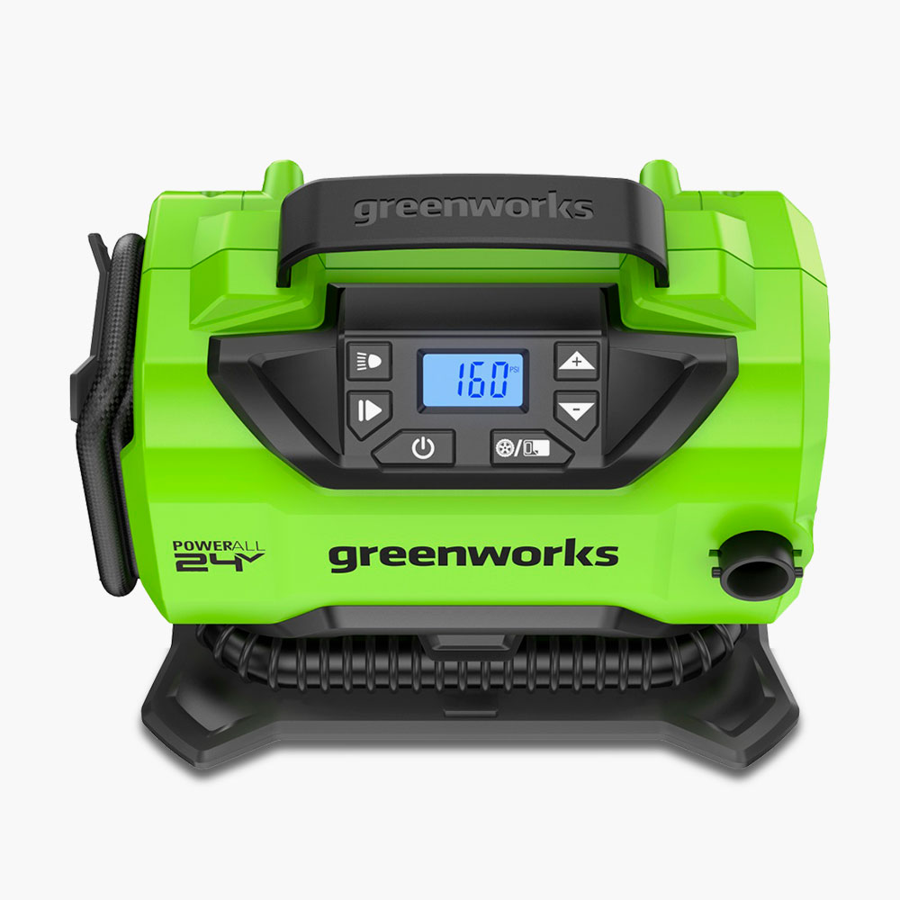 Автомобильный компрессор Greenworks ACG301 с цифровым контроллером давления, LED-фонарем и гибридной системой питания