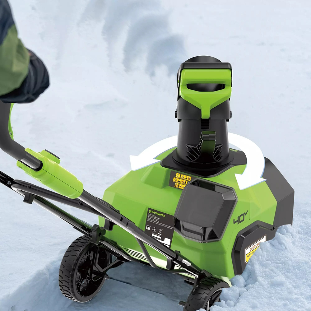 Аккумуляторный снегоуборщик Greenworks G40ST40 40V с прочным шнеком из армированного пластика Armalite и поворотным дефлектором