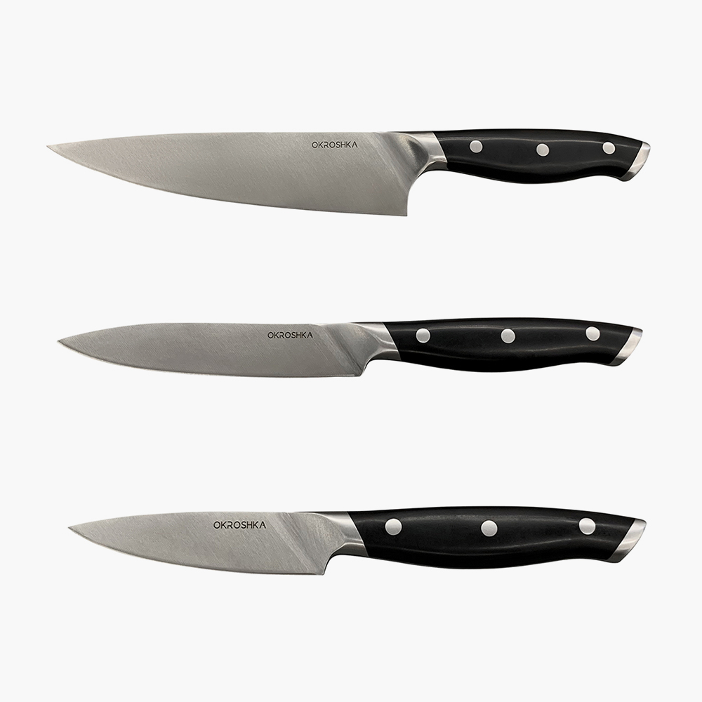 Набор кухонных ножей Okroshka Tartar из хромованадиевой стали с ножницами и подставкой из каучуковой древесины