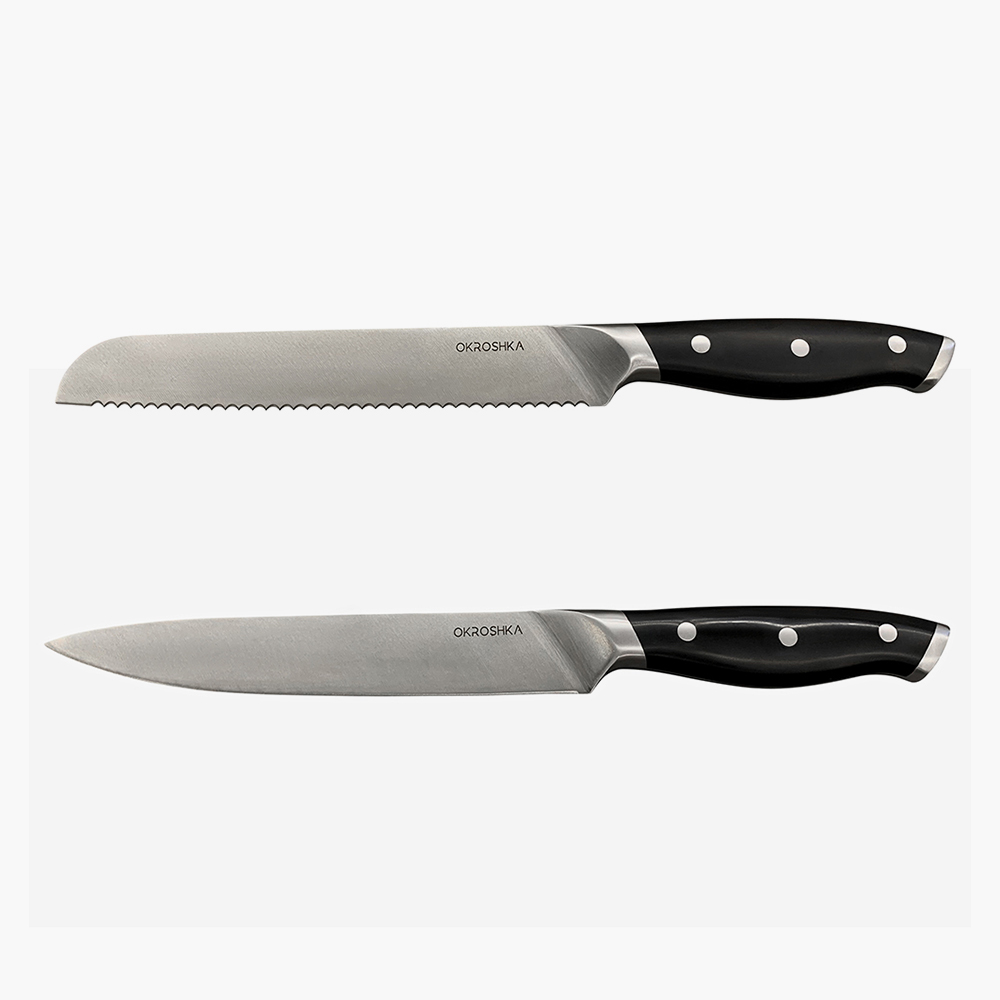 Набор кухонных ножей Okroshka Tartar из хромованадиевой стали с ножницами и подставкой из каучуковой древесины