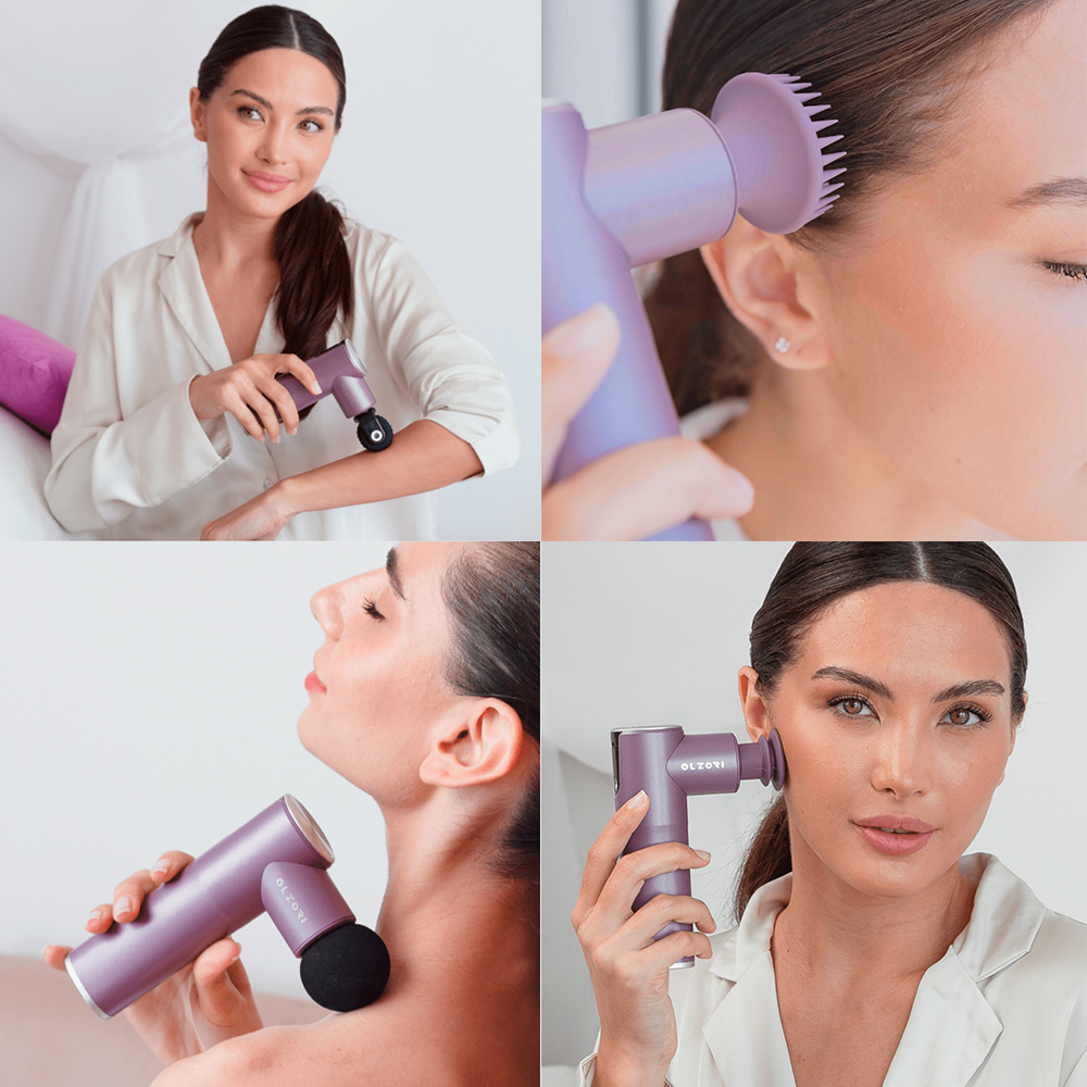 Перкуссионный массажер Olzori X-Lift с цифровой системой управления и 5 универсальными насадками для лица, шеи, головы и тела