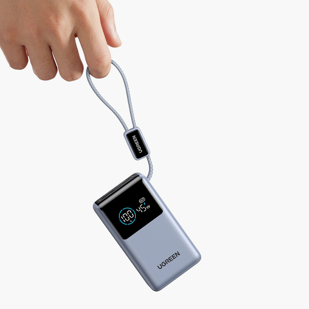 Пауэрбанк UGreen PB727 с поддержкой быстрой зарядки, LED-дисплеем, встроенным кабелем и цифровой защитой от неполадок