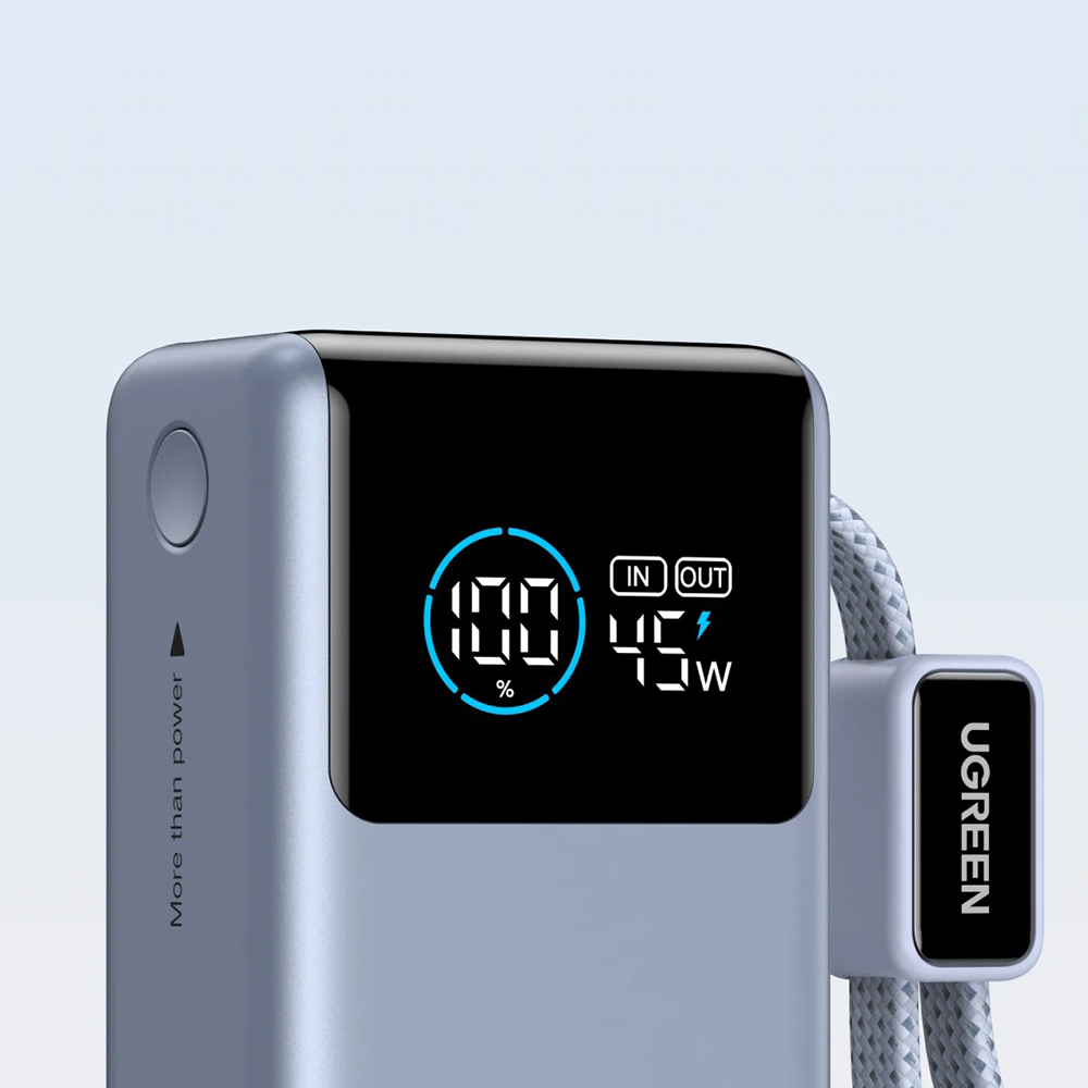 Пауэрбанк UGreen PB727 с поддержкой быстрой зарядки, LED-дисплеем, встроенным кабелем и цифровой защитой от неполадок