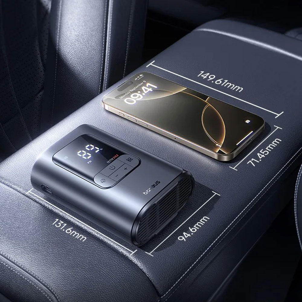 Компактный автомобильный насос Baseus Gotrip с цифровым манометром, LED-фонарем и емким аккумулятором