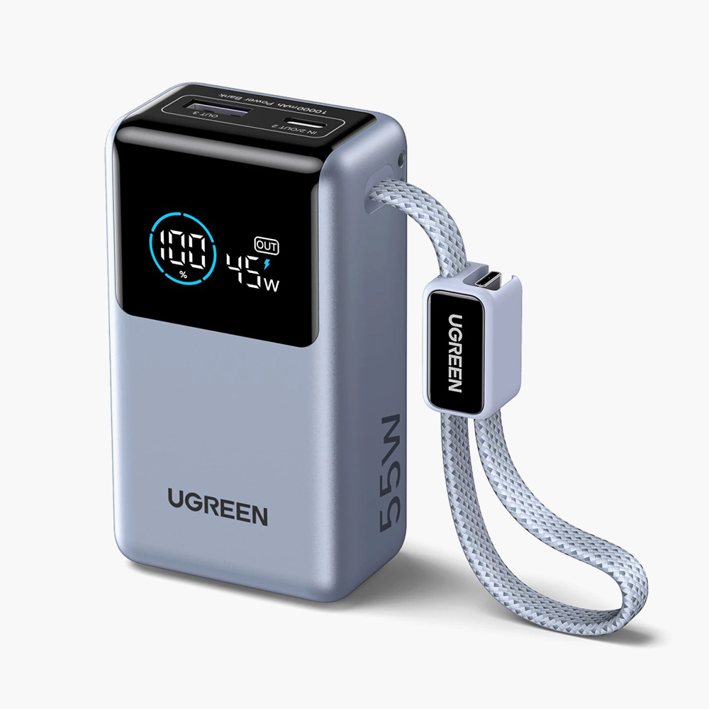 Пауэрбанк UGreen PB727 с поддержкой быстрой зарядки, LED-дисплеем, встроенным кабелем и цифровой защитой от неполадок