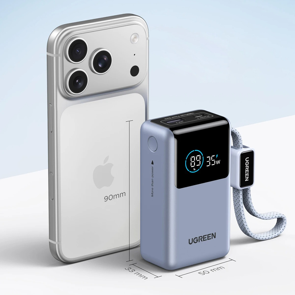 Пауэрбанк UGreen PB727 с поддержкой быстрой зарядки, LED-дисплеем, встроенным кабелем и цифровой защитой от неполадок