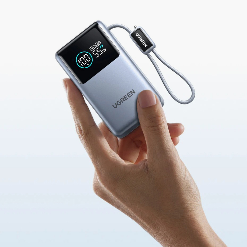 Пауэрбанк UGreen PB727 с поддержкой быстрой зарядки, LED-дисплеем, встроенным кабелем и цифровой защитой от неполадок