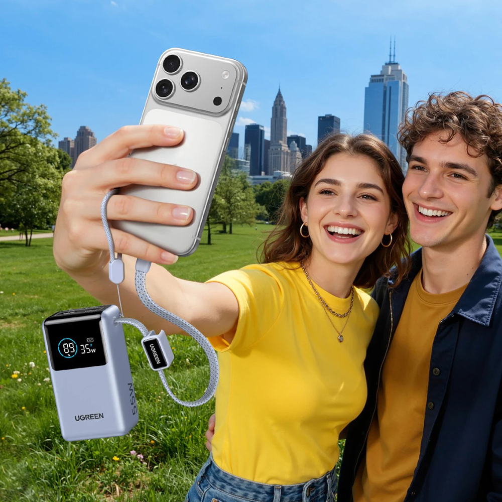 Пауэрбанк UGreen PB727 с поддержкой быстрой зарядки, LED-дисплеем, встроенным кабелем и цифровой защитой от неполадок