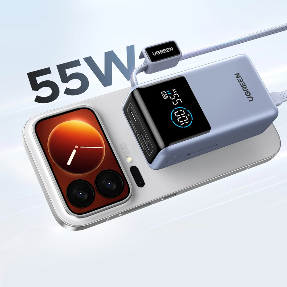 Пауэрбанк UGreen PB727 с поддержкой быстрой зарядки, LED-дисплеем, встроенным кабелем и цифровой защитой от неполадок