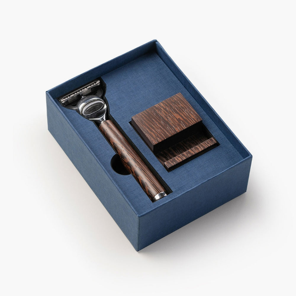 Итальянский станок для бритья Mondial Mythos из премиального африканского дерева венге и никелированной латуни