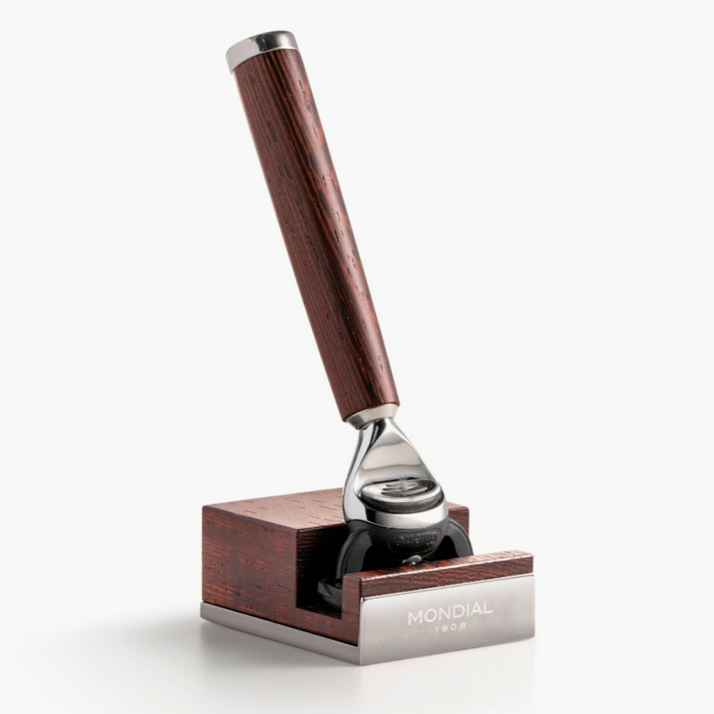 Итальянский станок для бритья Mondial Mythos из премиального африканского дерева венге и никелированной латуни