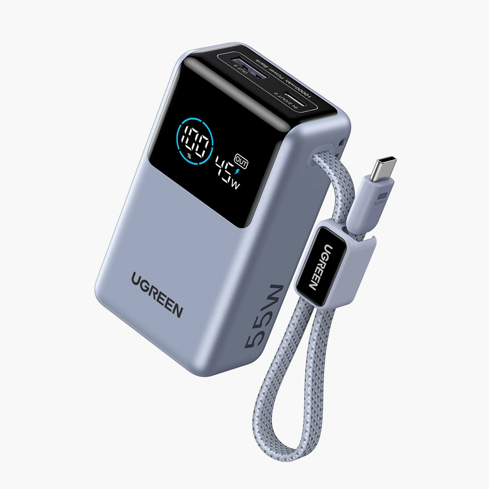 Пауэрбанк UGreen PB727 с поддержкой быстрой зарядки, LED-дисплеем, встроенным кабелем и цифровой защитой от неполадок