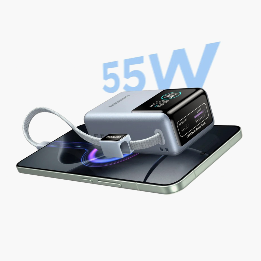 Пауэрбанк UGreen PB727 с поддержкой быстрой зарядки, LED-дисплеем, встроенным кабелем и цифровой защитой от неполадок