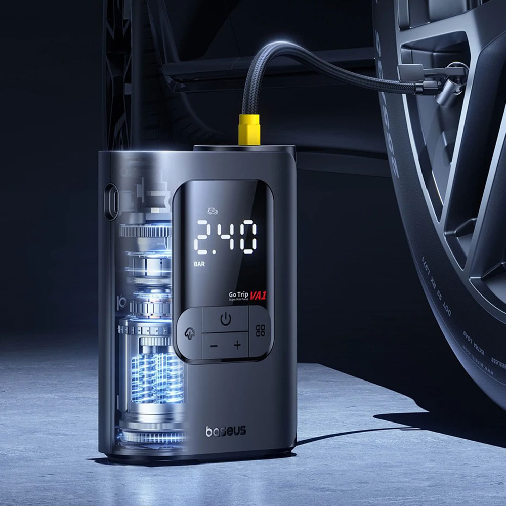 Компактный автомобильный насос Baseus Gotrip с цифровым манометром, LED-фонарем и емким аккумулятором