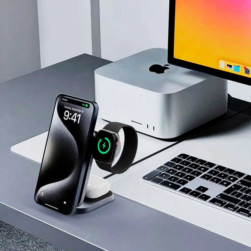 Зарядная станция Aukey Travel Qi2 для 3 гаджетов Apple с системой охлаждения, поддержкой быстрой зарядки и MagSafe