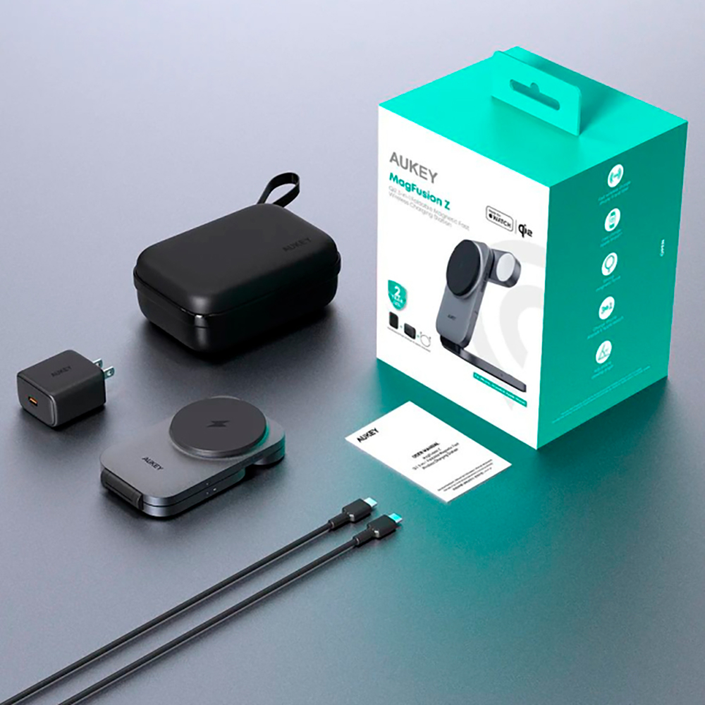Зарядная станция Aukey Travel Qi2 для 3 гаджетов Apple с системой охлаждения, поддержкой быстрой зарядки и MagSafe